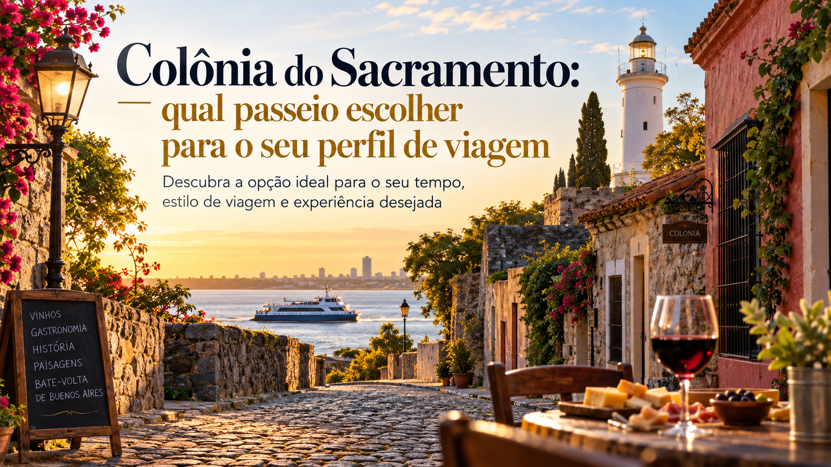 Colônia do Sacramento ao entardecer, com ruas de pedra, farol, arquitetura histórica, vista para o Rio da Prata e experiência de vinho e gastronomia.