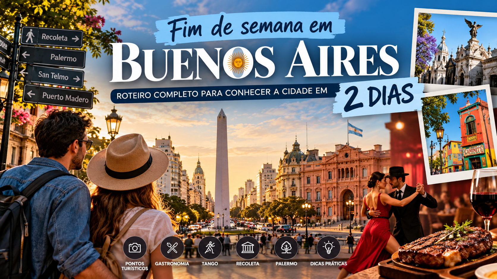 Fim de semana em Buenos Aires com roteiro de 2 dias, incluindo Obelisco, Recoleta, Palermo, Caminito, tango, gastronomia argentina e principais pontos turísticos.