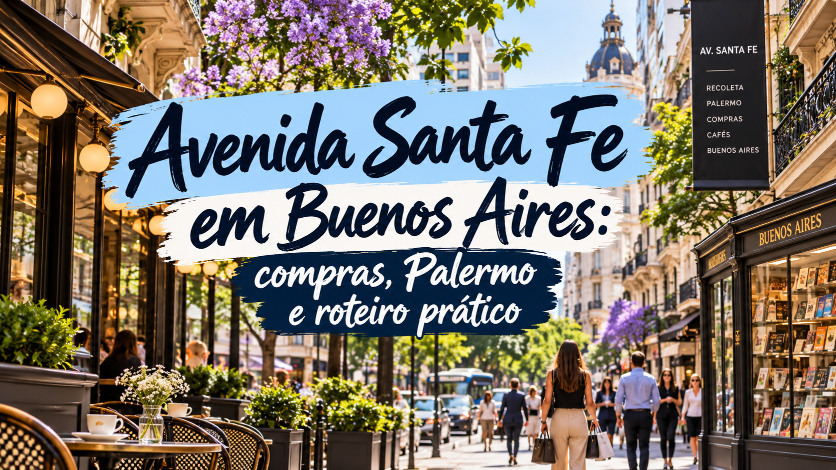 Avenida Santa Fe em Buenos Aires com lojas, cafés, El Ateneo Grand Splendid, Alto Palermo e conexão entre Recoleta e Palermo.