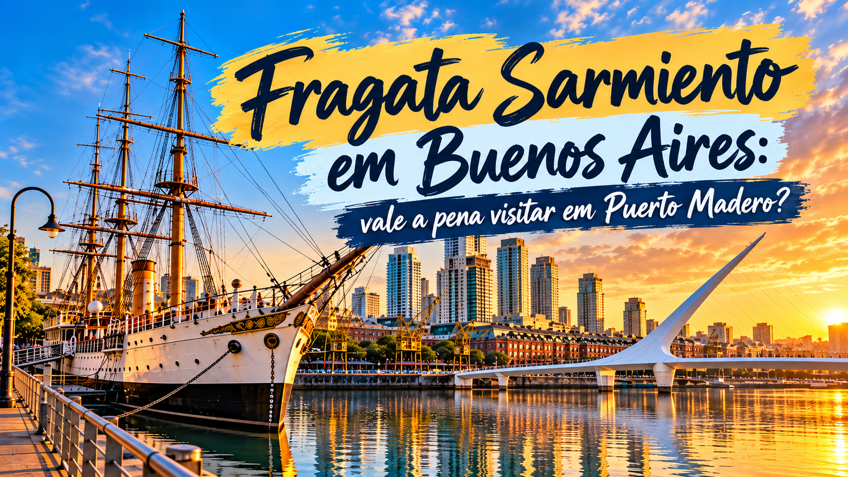 Fragata Sarmiento em Puerto Madero, Buenos Aires, com navio-museu histórico, Puente de la Mujer, diques e prédios modernos ao fundo.