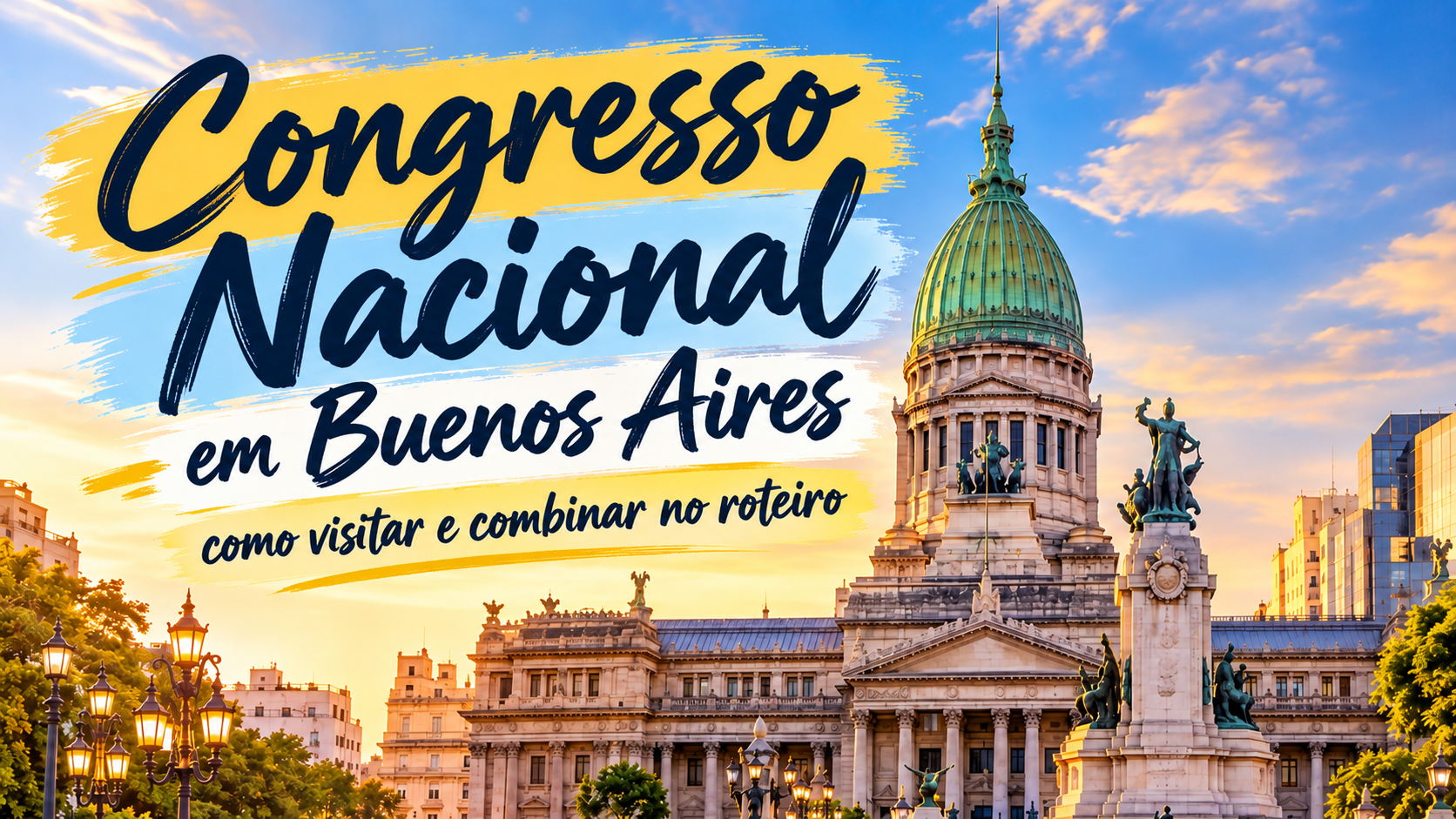 Congresso Nacional em Buenos Aires com cúpula verde, Plaza del Congreso, Avenida de Mayo e arquitetura histórica no centro da cidade.