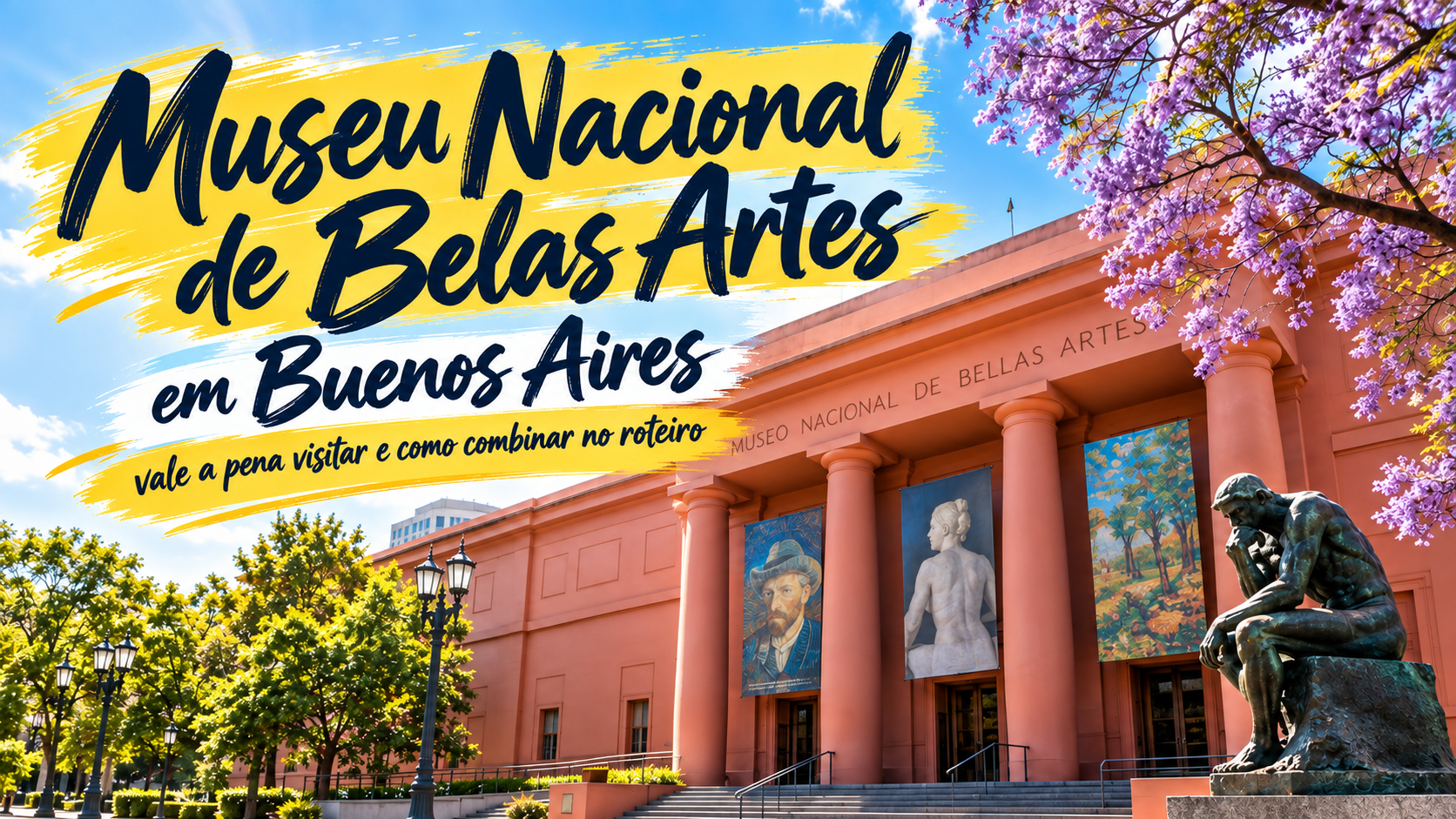 Museu Nacional de Belas Artes em Buenos Aires, na Recoleta, com fachada do museu, obras de arte, Floralis Genérica e áreas verdes próximas.