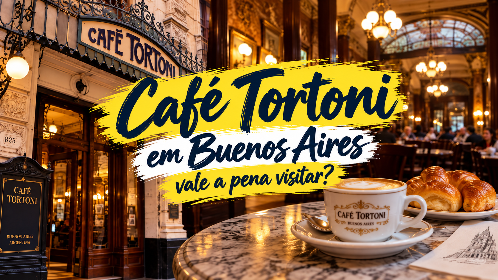 Café Tortoni em Buenos Aires, com salão histórico, decoração clássica, mesas tradicionais e ambiente elegante na Avenida de Mayo.