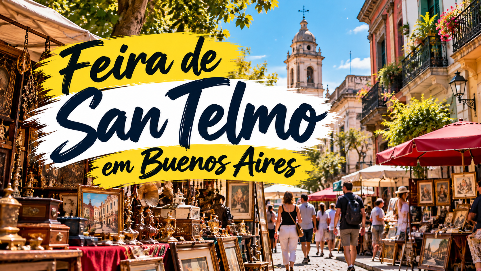 Feira de San Telmo em Buenos Aires com barracas de artesanato, antiguidades, turistas caminhando e prédios históricos do bairro ao redor.