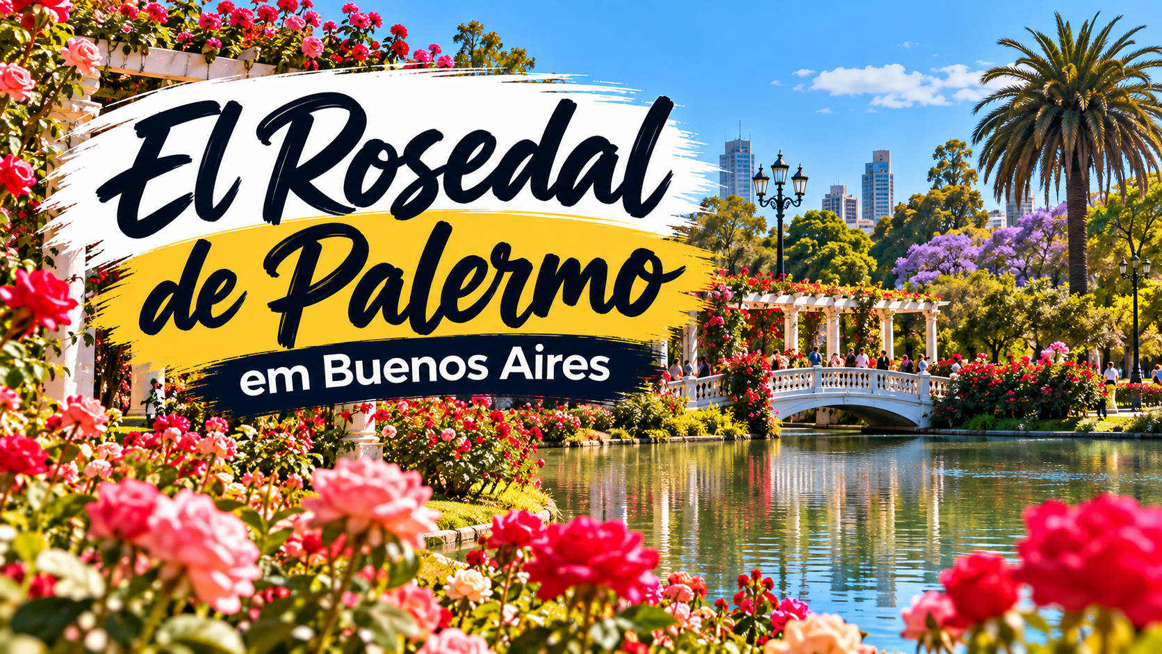 El Rosedal de Palermo em Buenos Aires com jardins floridos, roseiras, lago, pontes e visitantes caminhando pelos Bosques de Palermo.