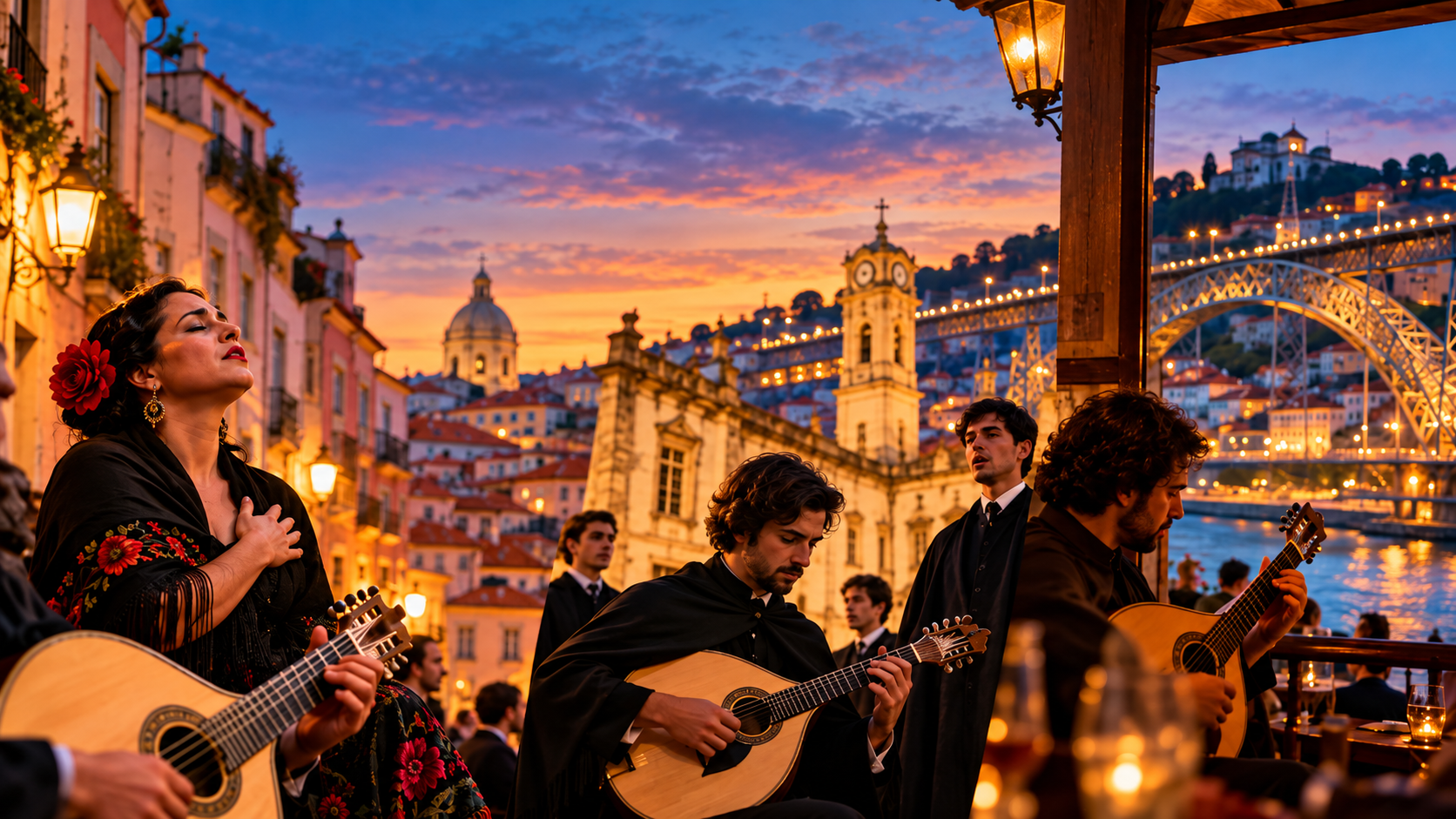 Apresentação de Fado em Portugal representando as diferenças entre Lisboa, Coimbra e Porto, com fadista, guitarra portuguesa e ambiente tradicional.