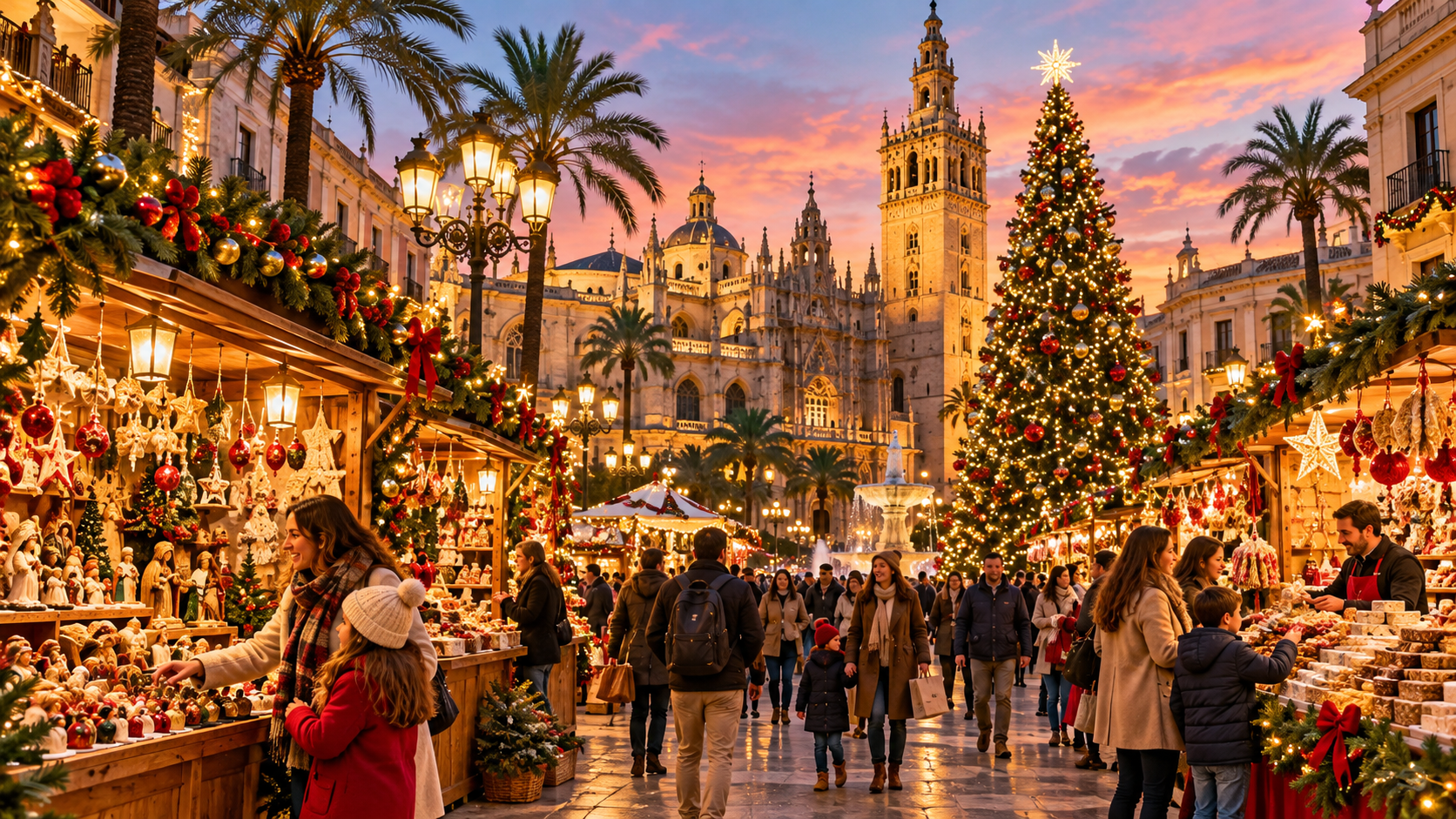 Mercado de Natal na Espanha com barracas iluminadas, decoração natalina, luzes festivas e visitantes durante o inverno de 2026.