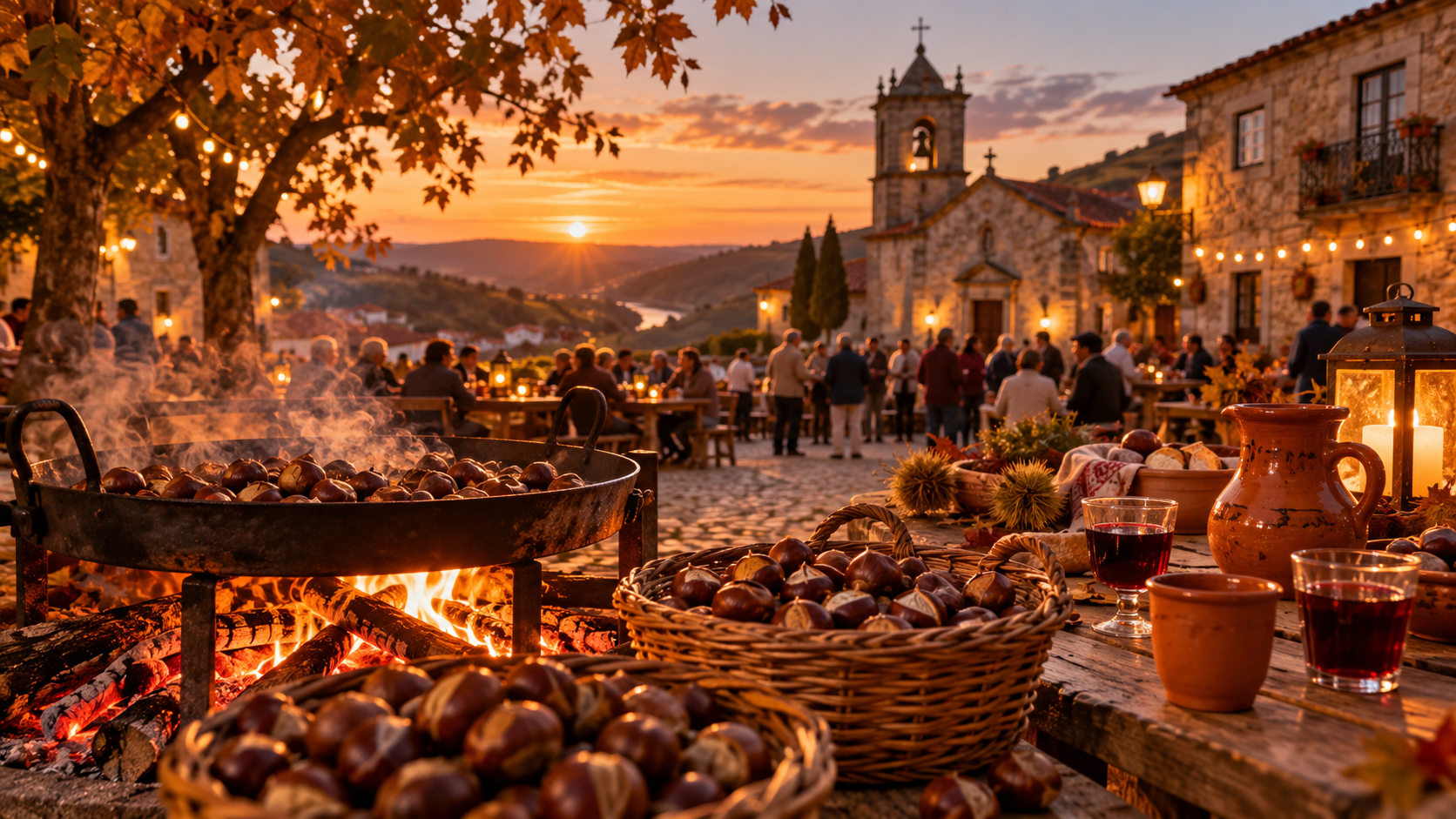 Festa de São Martinho em Portugal com castanhas assadas, fogueira, vinho novo e pessoas reunidas num Magusto tradicional durante o outono de 2026.
