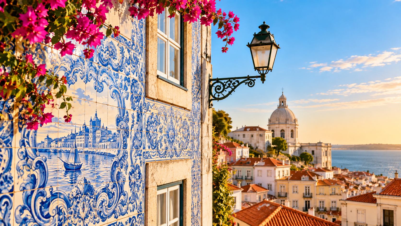 Painel de azulejos portugueses azuis e brancos numa fachada histórica em Portugal, representando a tradição, a arte e a arquitetura do país.