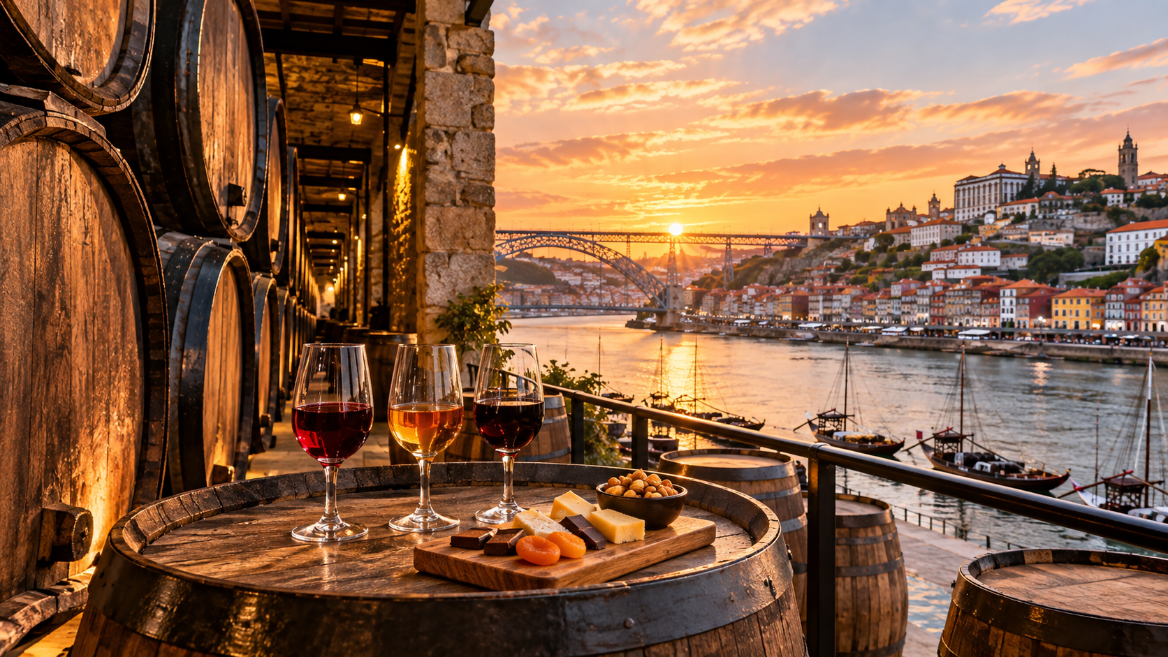 Caves de Vinho do Porto em Vila Nova de Gaia, com barris de madeira, ambiente histórico e vista para o Rio Douro e a cidade do Porto.