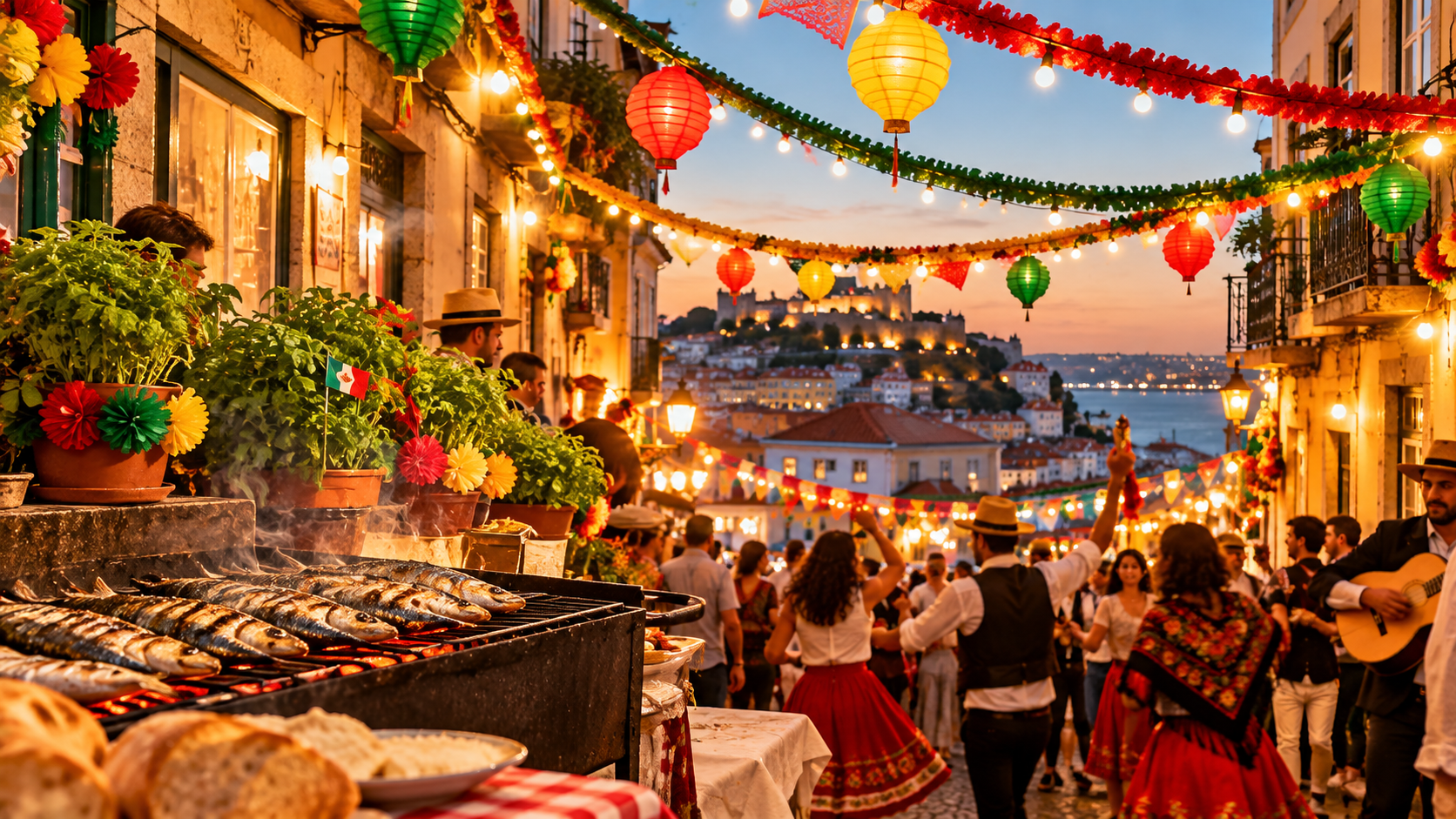 Festas de Santo António em Lisboa com ruas decoradas, arraiais populares, sardinhas assadas, bandeirinhas e pessoas celebrando nos bairros históricos.