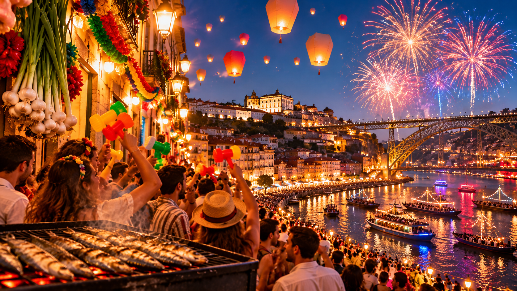 Festa de São João no Porto com pessoas nas ruas, martelinhos, sardinhas assadas, balões e fogo de artifício sobre o Rio Douro.