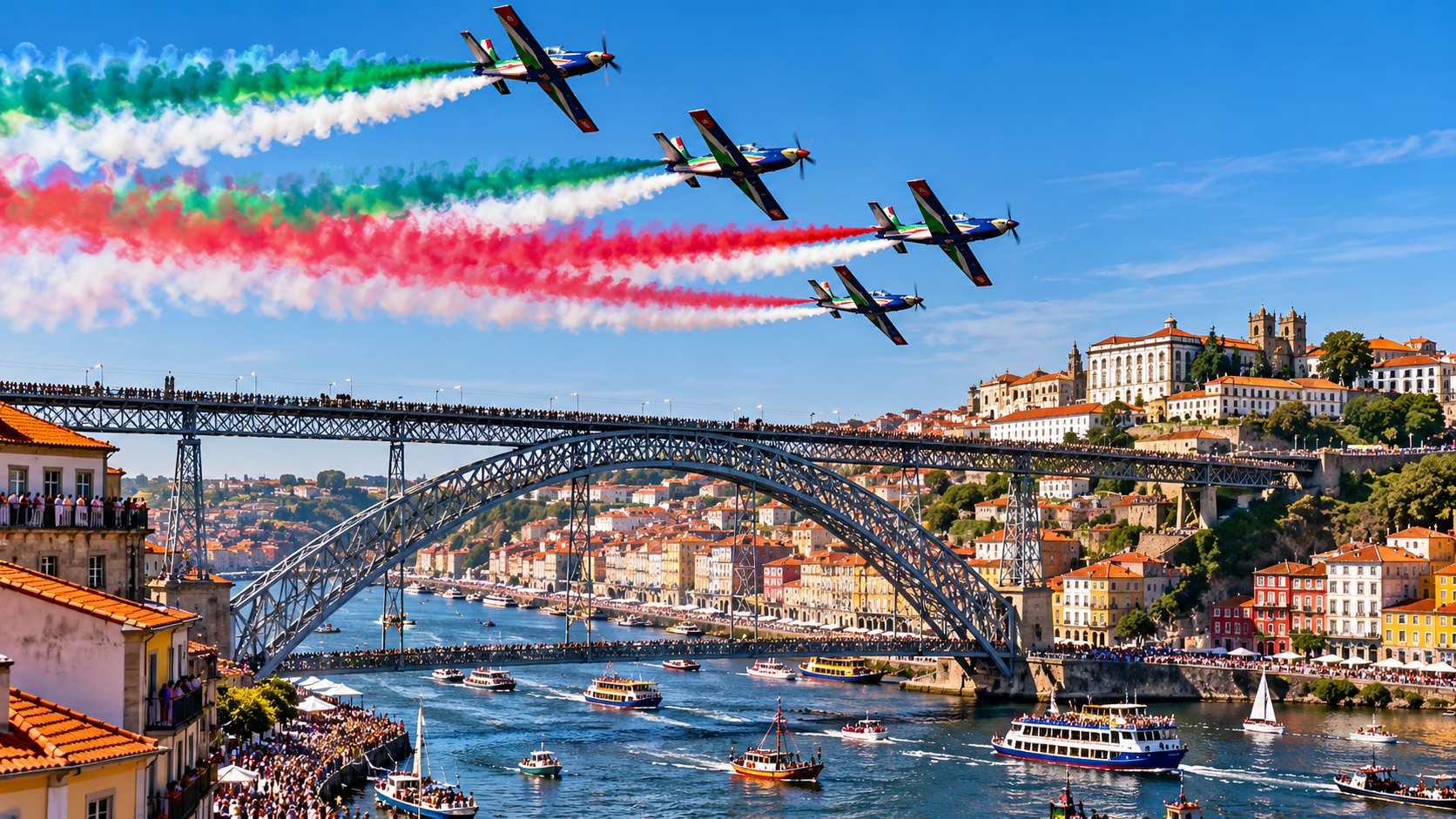 Aeronaves realizando acrobacias aéreas sobre o Rio Douro durante o Air Invictus 2026, com Porto e Vila Nova de Gaia ao fundo.