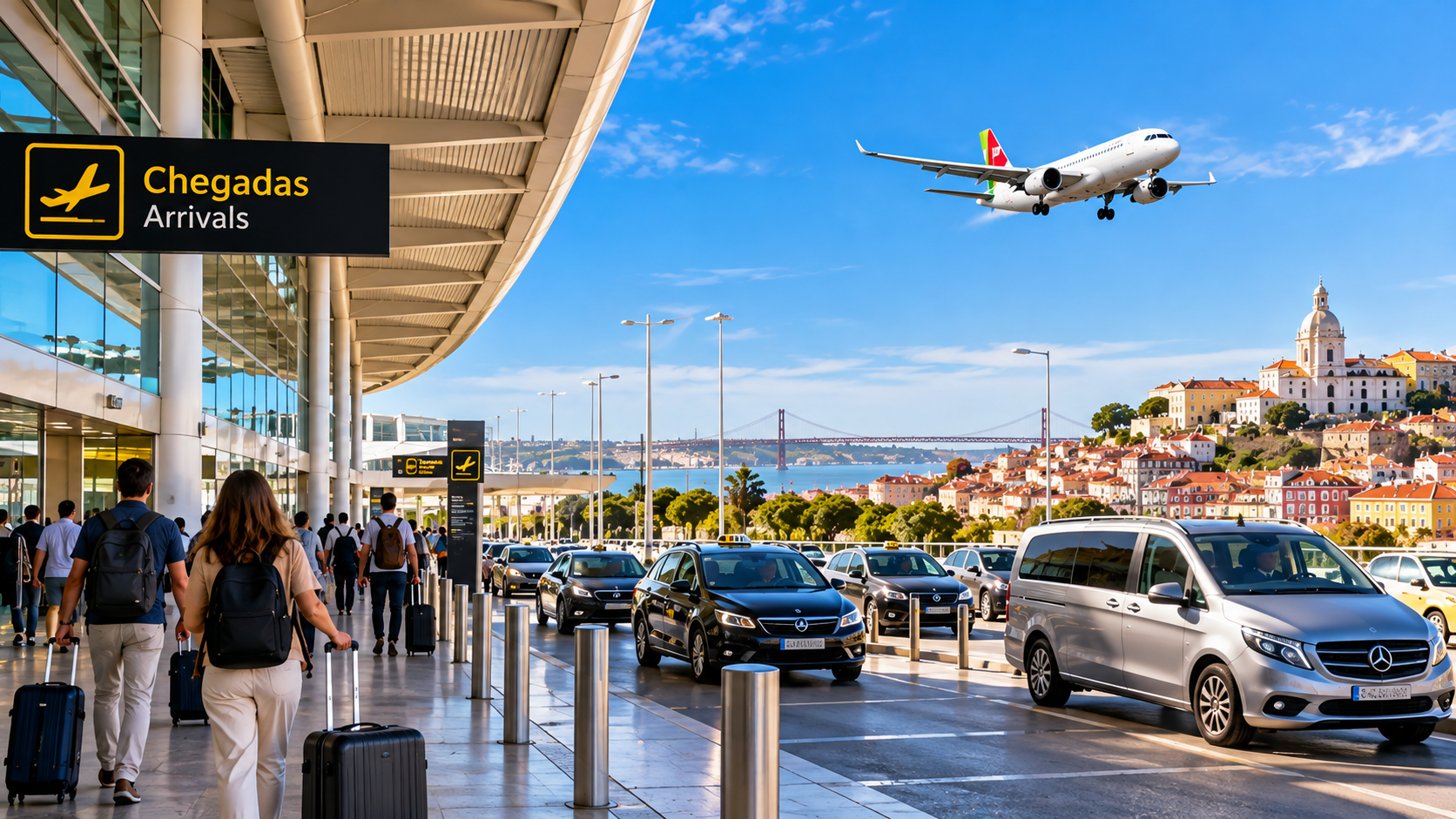 Chegada ao Aeroporto de Lisboa com opções de transporte para o centro da cidade, incluindo metrô, táxi, aplicativos e transfer privado.