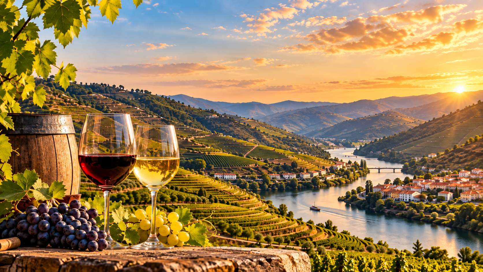 Vinhas em Portugal representando os principais tipos de vinhos portugueses e as regiões vinícolas do país.