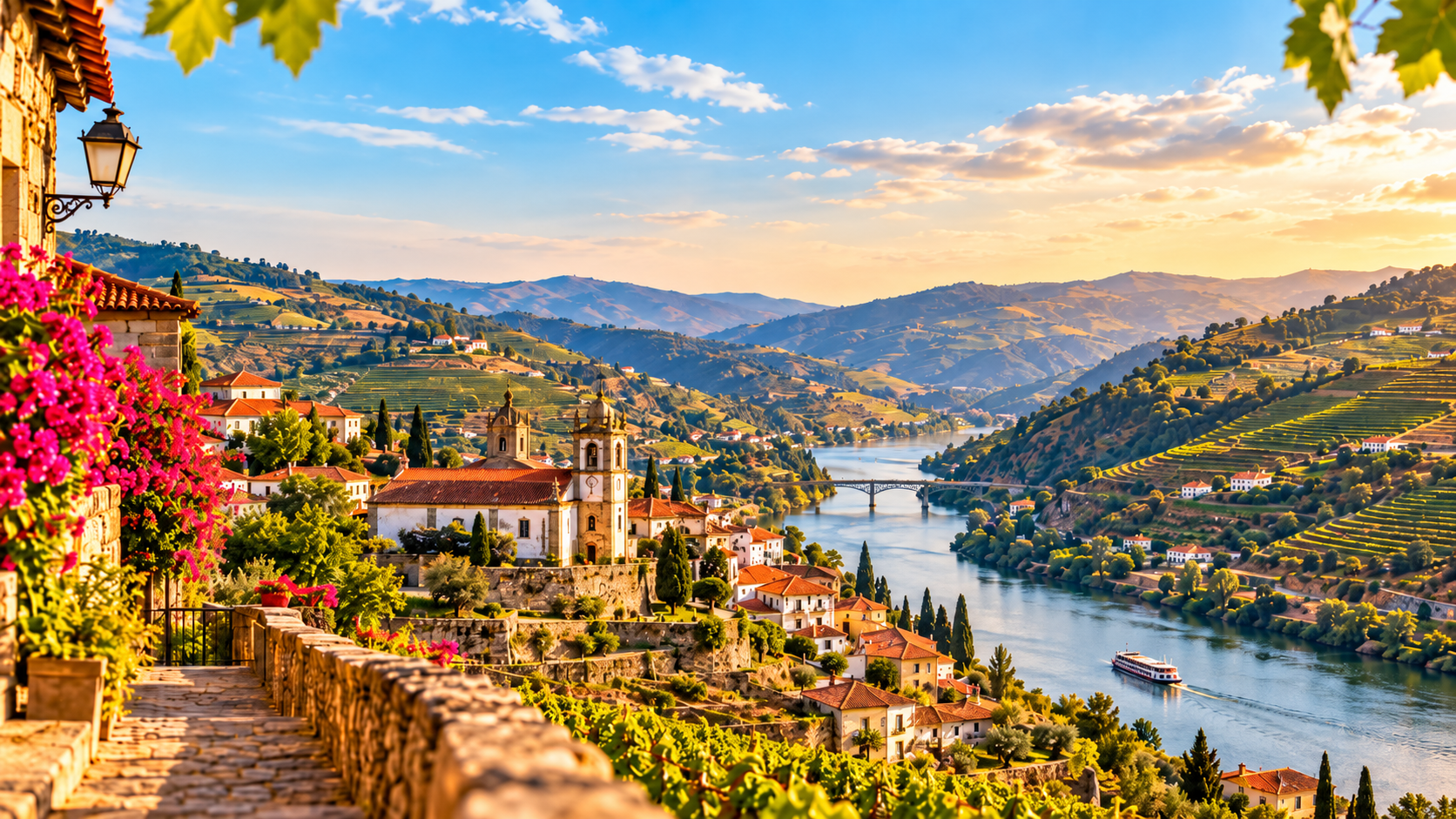 Paisagem do Vale do Douro com vinhas em socalcos, rio Douro e vilas tradicionais, representando os encantos das aldeias e localidades históricas da região.