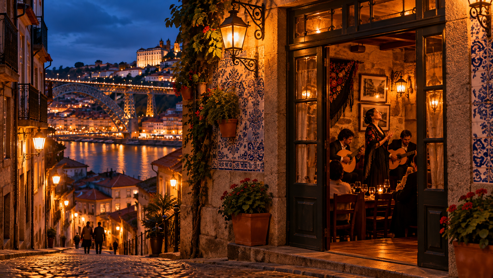 Fadista cantando ao vivo no Porto, acompanhado por guitarra portuguesa, em uma casa de Fado intimista e tradicional.