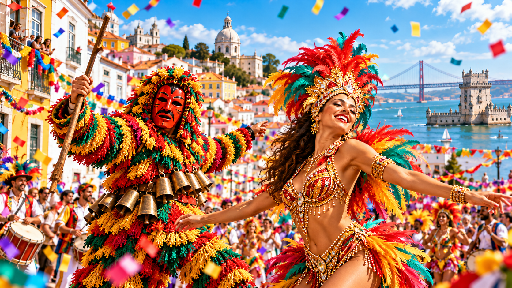 Desfile de Carnaval em Portugal com foliões fantasiados, máscaras tradicionais, música e muita cor durante uma celebração popular nas ruas.