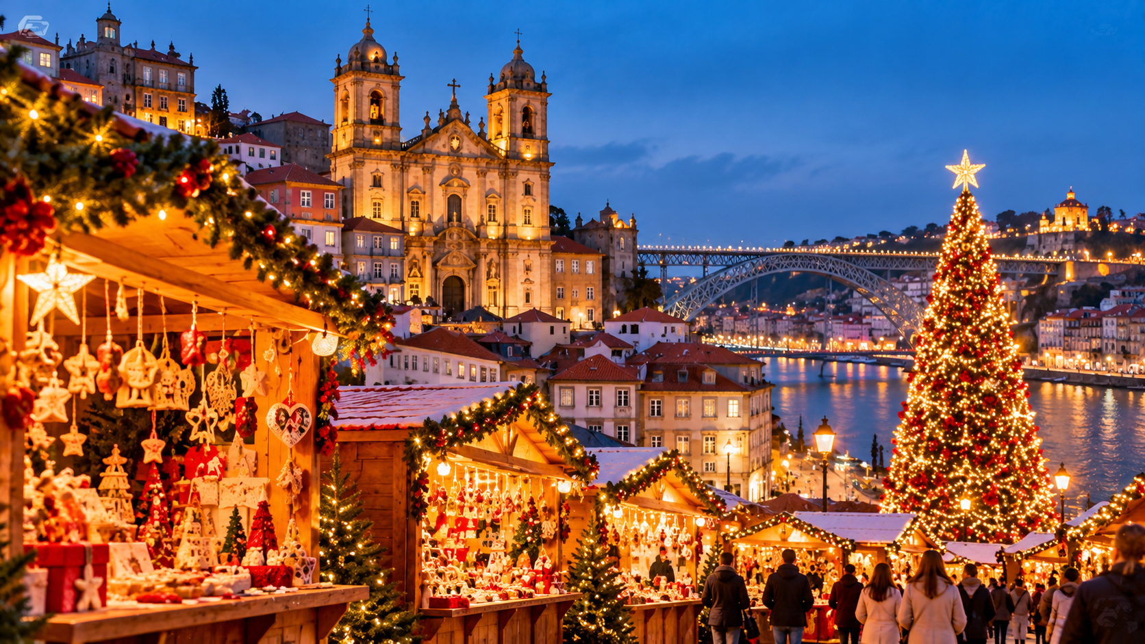 Mercado de Natal em Portugal com luzes festivas, barracas decoradas, artesanato, gastronomia típica e visitantes celebrando o Natal em Lisboa e Porto.