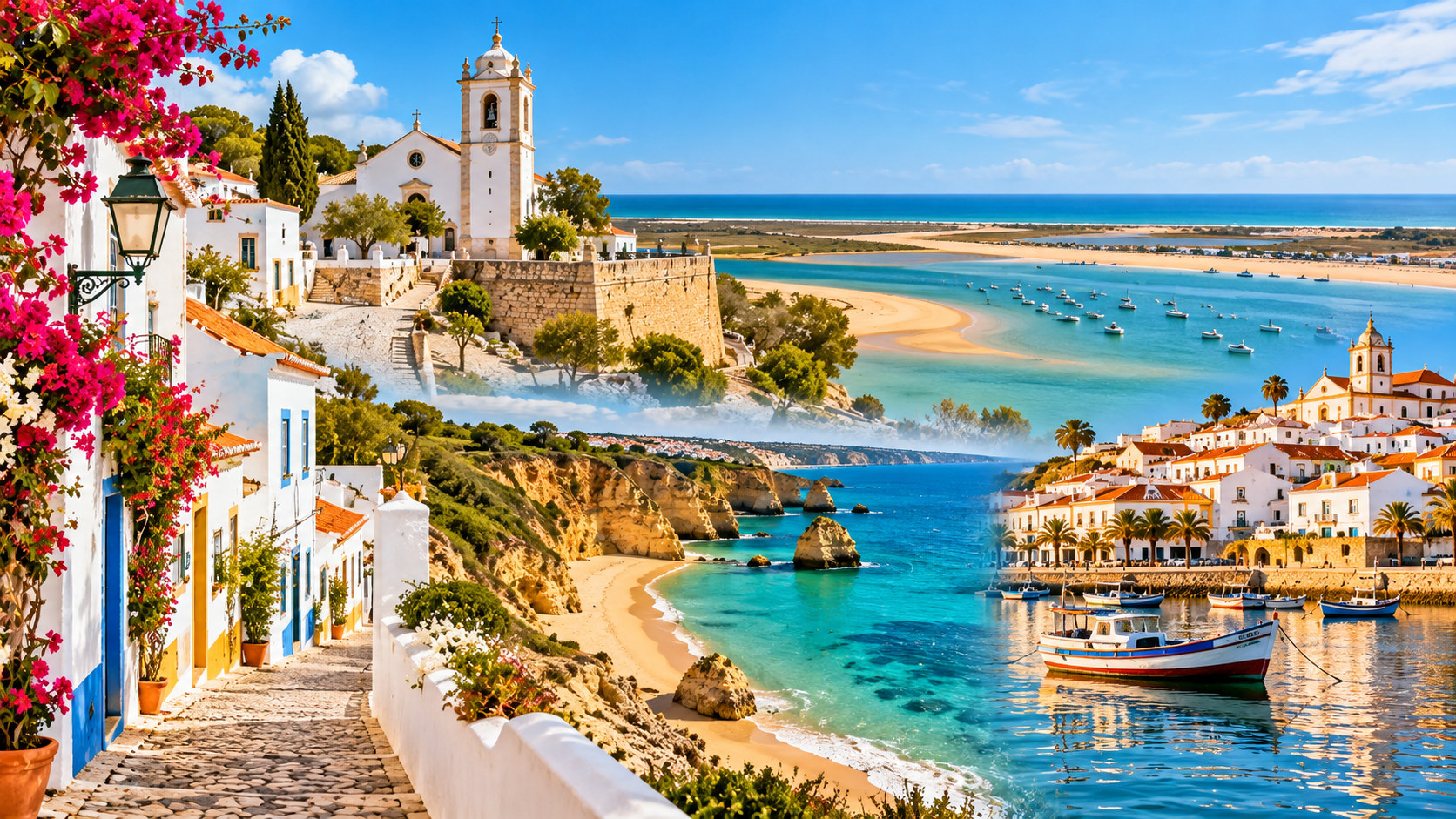 Vista panorâmica das aldeias e vilas mais bonitas do Algarve, com casas brancas tradicionais, ruas floridas, paisagens costeiras e património histórico do sul de Portugal.