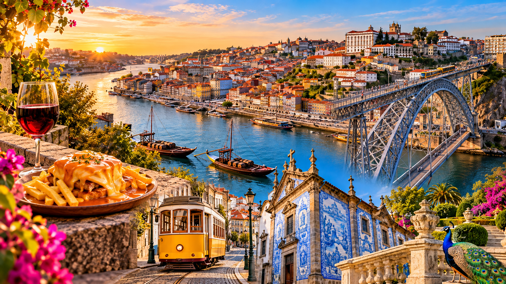 Vista panorâmica do Porto, Portugal, com a Ponte Luís I, o Rio Douro, a Ribeira, edifícios históricos e experiências turísticas únicas da cidade.
