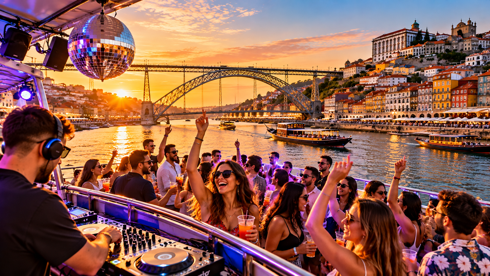 Festa de barco temática no Rio Douro, no Porto, com turistas a dançar, DJ, música, luzes festivas e vistas panorâmicas da Ponte Luís I e da Ribeira.
