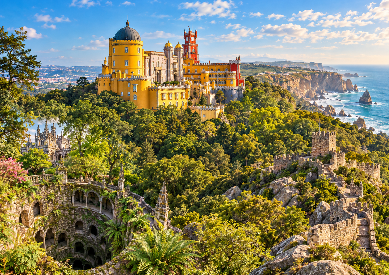 Vista panorâmica do Palácio da Pena em Sintra, Portugal, rodeado por jardins exuberantes, castelos históricos e paisagens deslumbrantes da Serra de Sintra.