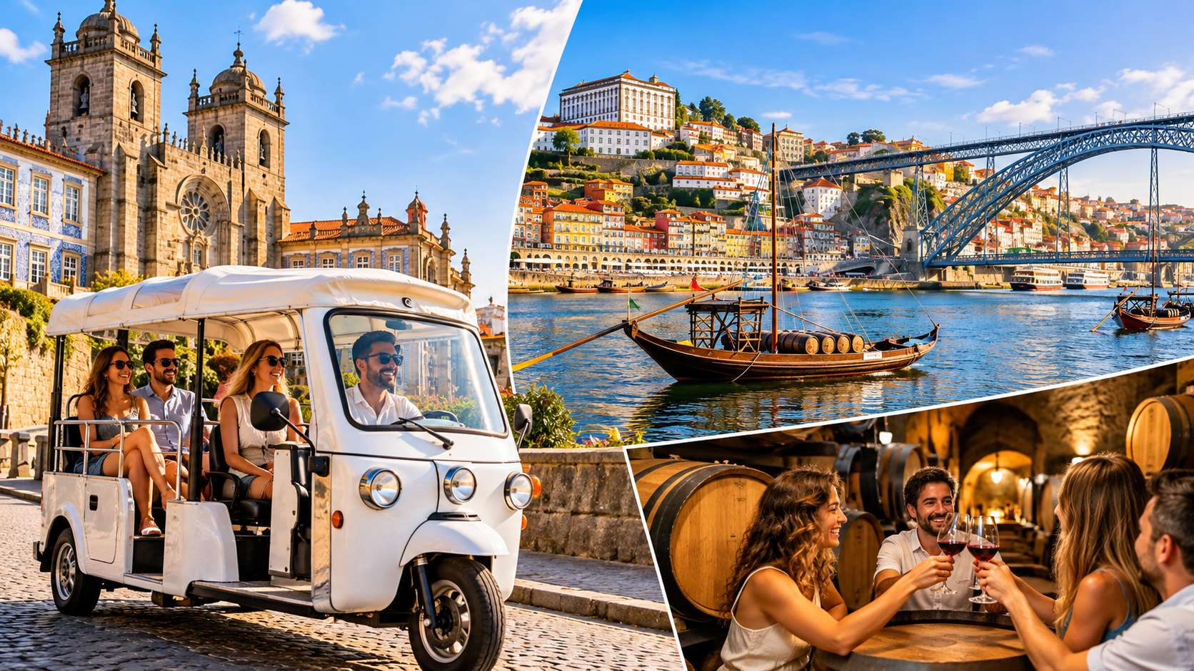 Passeio turístico de Tuk Tuk elétrico no Porto, com vistas para a Ribeira, Ponte Luís I e Rio Douro, combinado com cruzeiro das seis pontes e prova de Vinho do Porto.