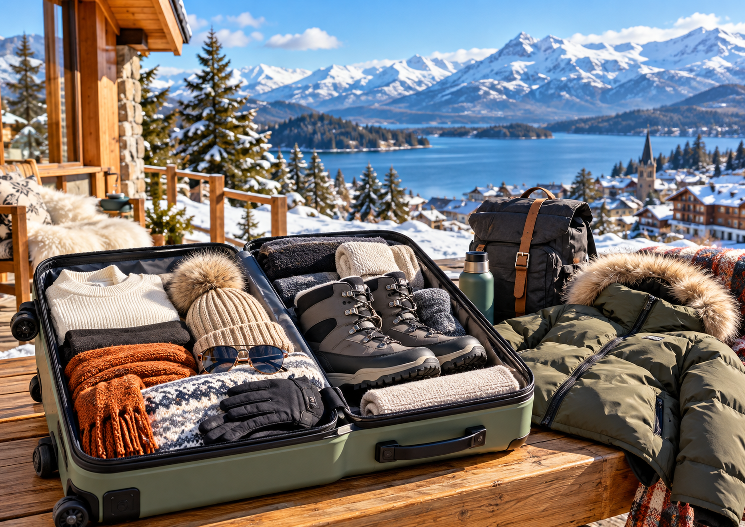 Turistas com roupas térmicas, casacos impermeáveis e botas de neve em Bariloche, na Patagônia Argentina, com montanhas nevadas e paisagens de inverno ao fundo.