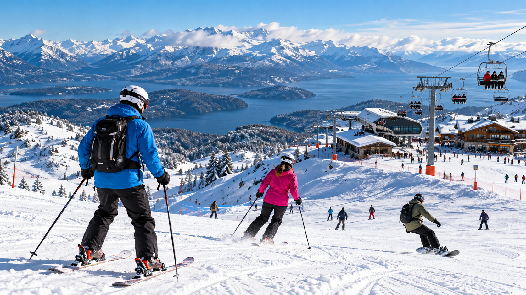 Esquiadores nas pistas nevadas do Cerro Catedral, em Bariloche, na Patagônia Argentina, com aulas de esqui, snowboard e montanhas cobertas de neve.