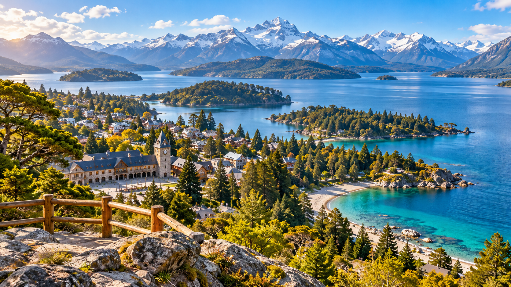 Vista panorâmica de Bariloche, na Patagônia Argentina, com lagos cristalinos, montanhas nevadas, florestas e mirantes entre os lugares mais bonitos para tirar fotos.