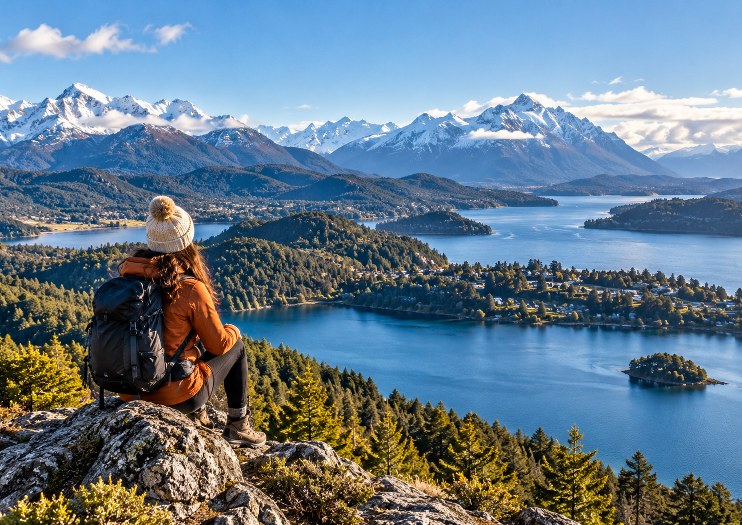 Viajante solo contemplando o Lago Nahuel Huapi e as montanhas da Patagônia Argentina, em Bariloche, durante uma viagem independente cercada por paisagens naturais.