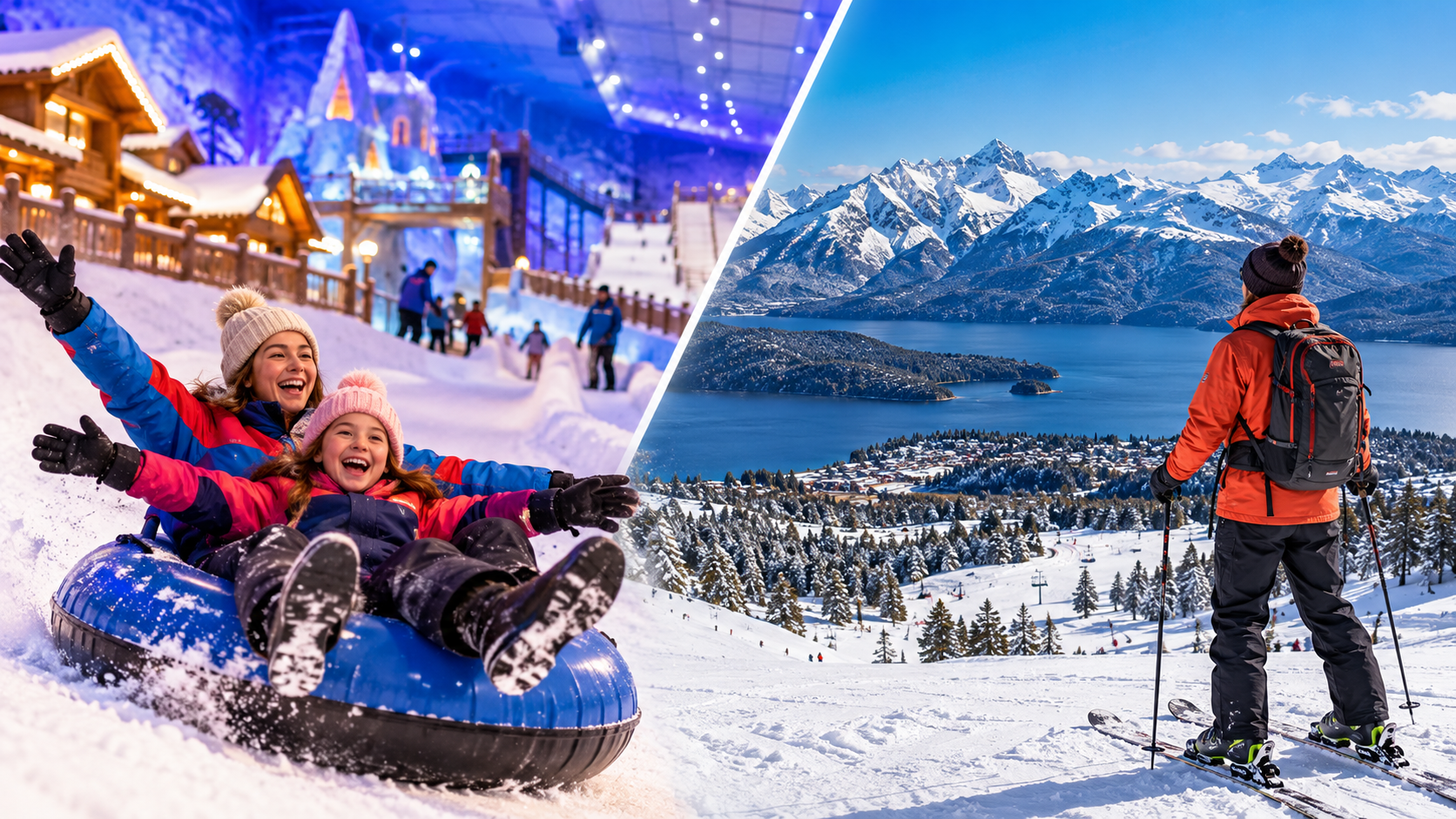 Comparação entre o Snowland, em Gramado, com parque coberto de neve artificial, e Bariloche, na Patagônia Argentina, com montanhas nevadas, pistas de esqui e paisagens naturais.