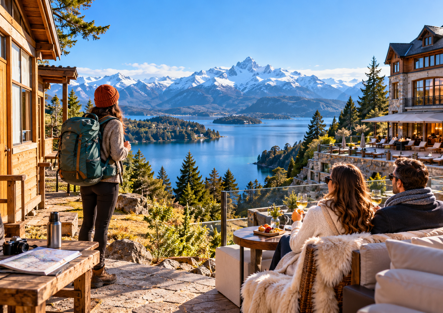 Vista panorâmica de Bariloche, na Patagônia Argentina, com o Lago Nahuel Huapi, montanhas nevadas e hotéis, ilustrando opções de viagem econômica e confortável.