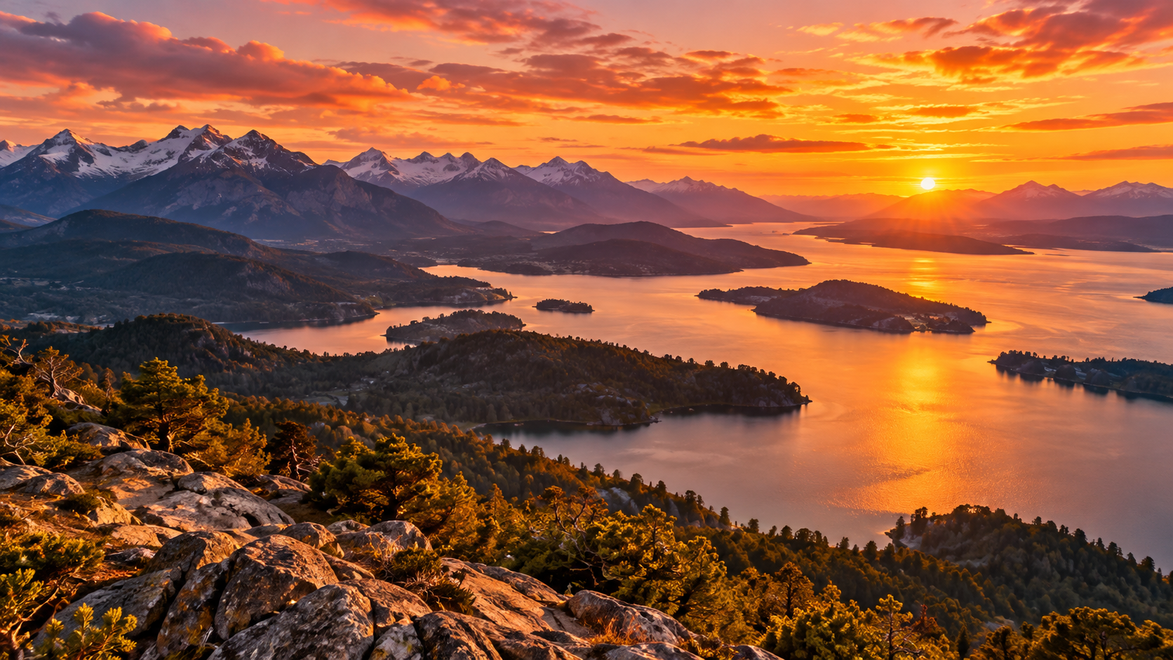 Pôr do sol em Bariloche, na Patagônia Argentina, com céu em tons dourados e alaranjados, montanhas da Cordilheira dos Andes e reflexos sobre o Lago Nahuel Huapi.