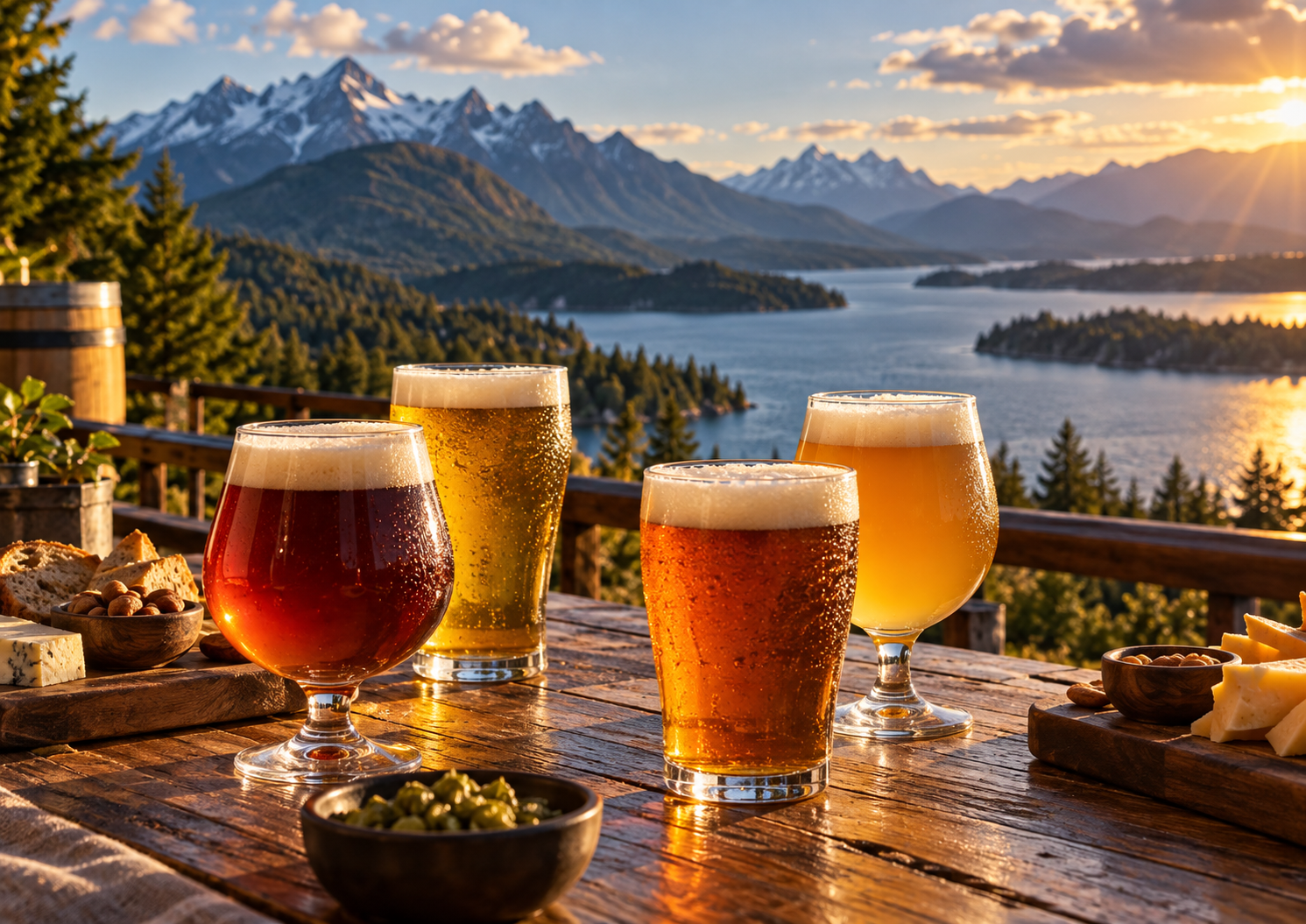 Cervejas artesanais servidas em copos sobre uma mesa de madeira em uma cervejaria de Bariloche, com vista panorâmica para o Lago Moreno e as montanhas da Patagônia Argentina.