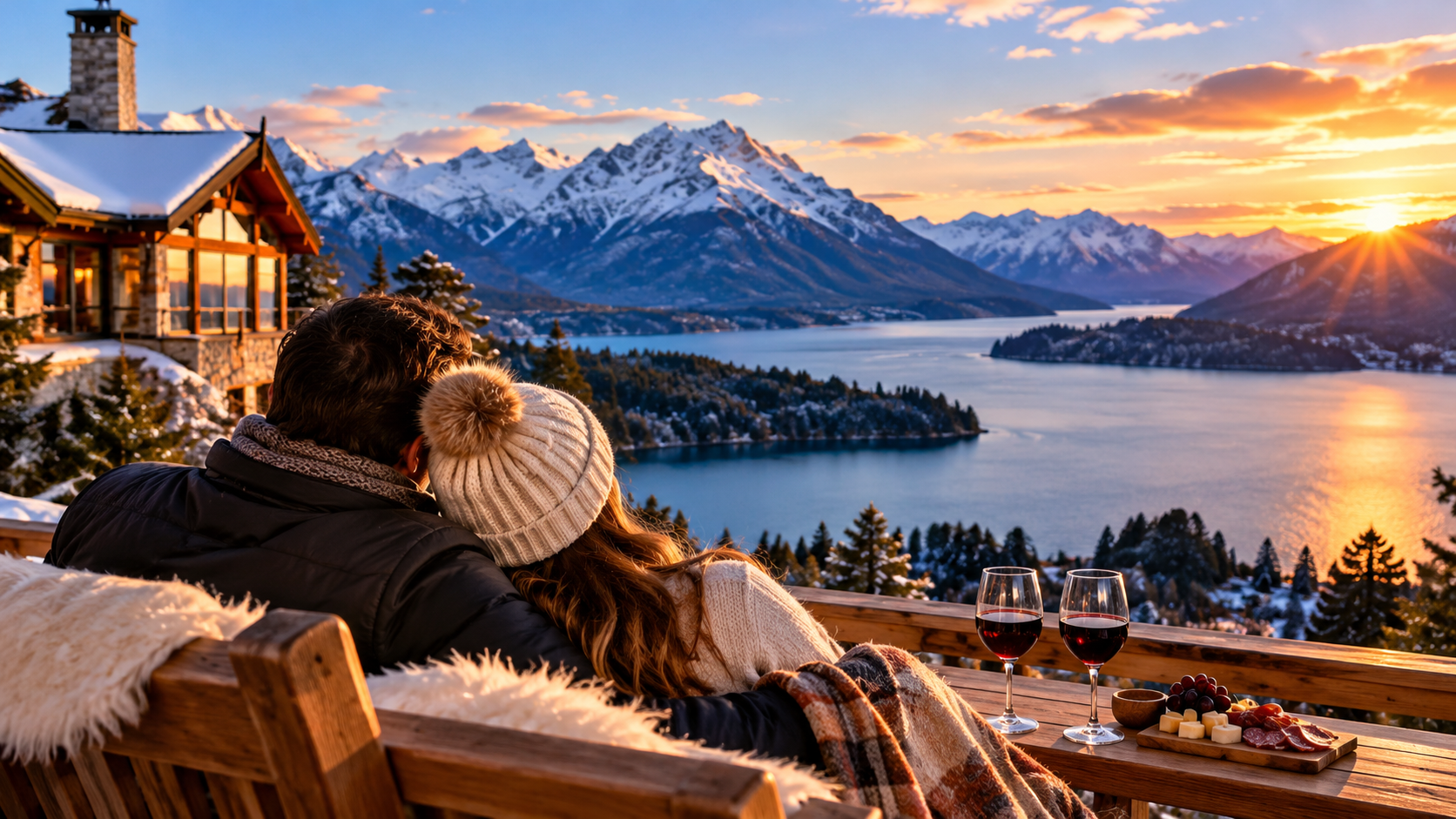 Casal apaixonado contemplando o Lago Nahuel Huapi e as montanhas da Patagônia Argentina, em Bariloche, com chalés românticos, paisagens nevadas e atmosfera de lua de mel.