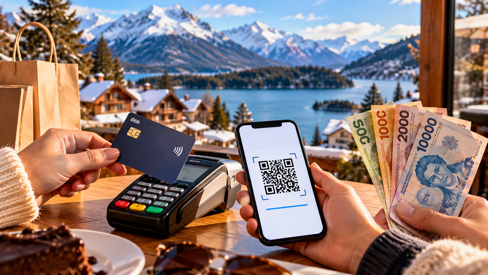 Pagamento em Bariloche, na Patagônia Argentina, com cartão internacional, Pix pelo celular e notas de pesos argentinos sobre uma mesa, ilustrando as formas de pagamento para turistas em 2026.