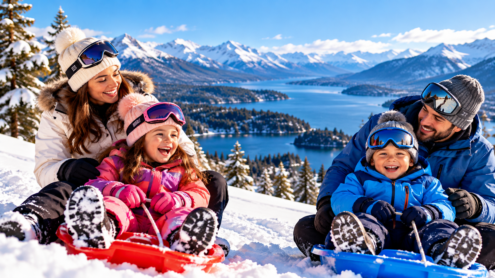 Família com crianças brincando na neve em Bariloche, na Patagônia Argentina, com roupas de inverno, trenós, montanhas nevadas e paisagens naturais ao fundo.