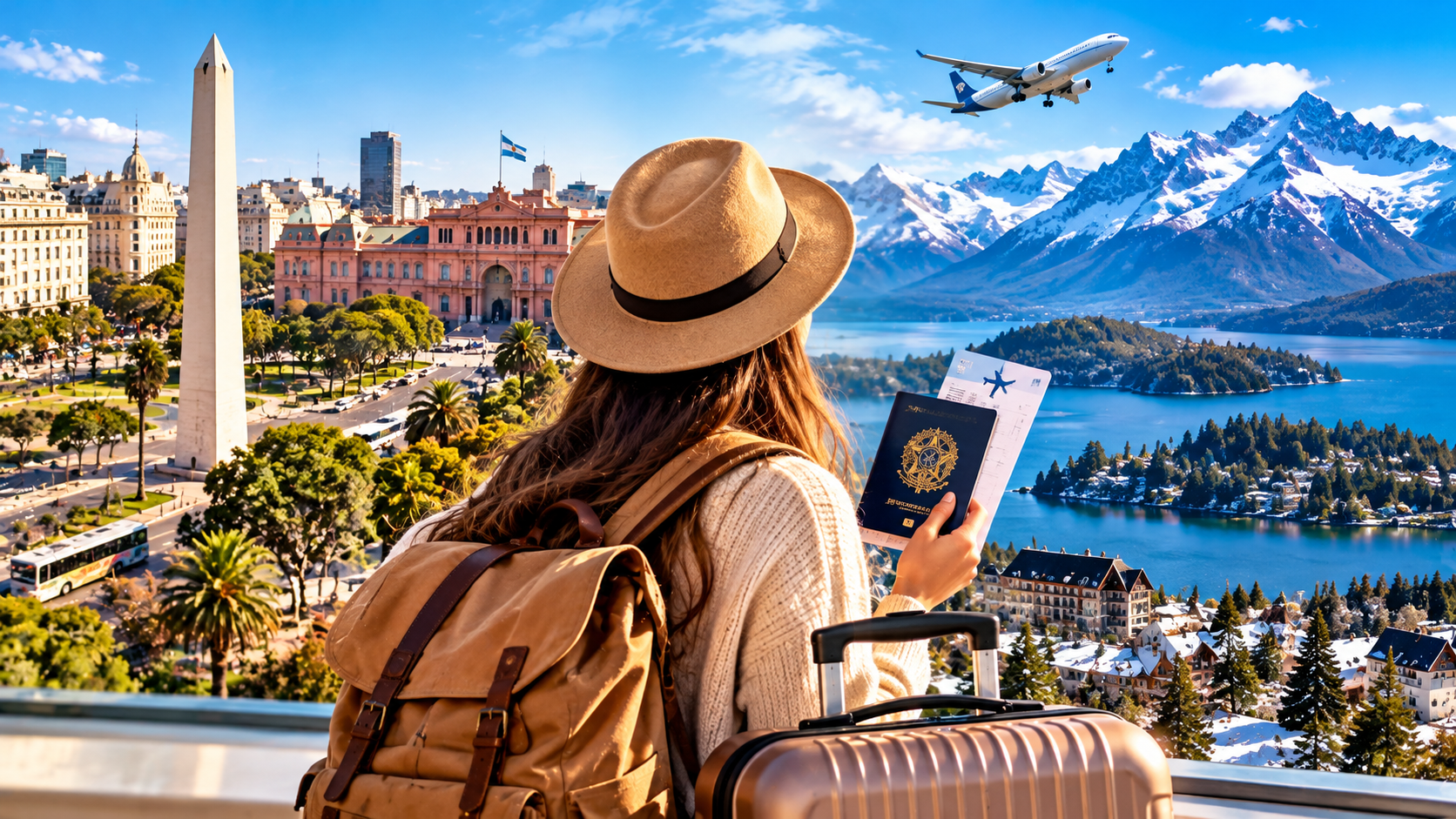 Turista brasileiro no aeroporto com passaporte, mala de viagem e apólice de seguro viagem, com paisagens de Buenos Aires e montanhas nevadas de Bariloche, na Argentina, ao fundo.