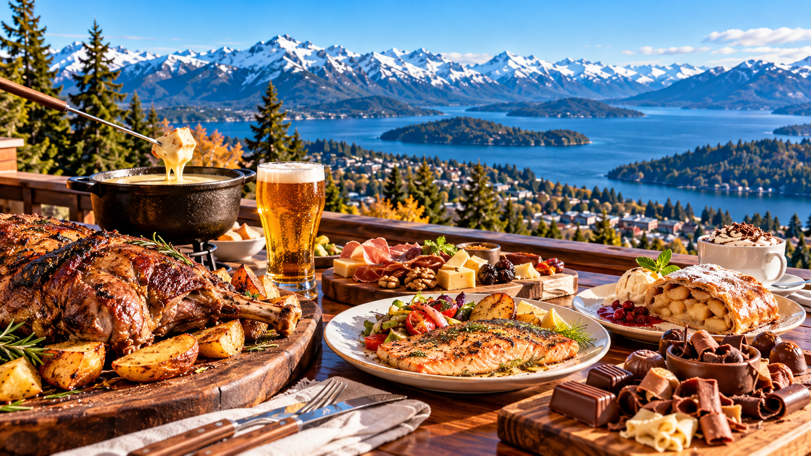Mesa gastronômica em Bariloche com cordeiro patagônico, truta grelhada, chocolates artesanais, fondue, cerveja artesanal e sobremesas típicas, com o Lago Nahuel Huapi e as montanhas da Patagônia Argentina ao fundo.