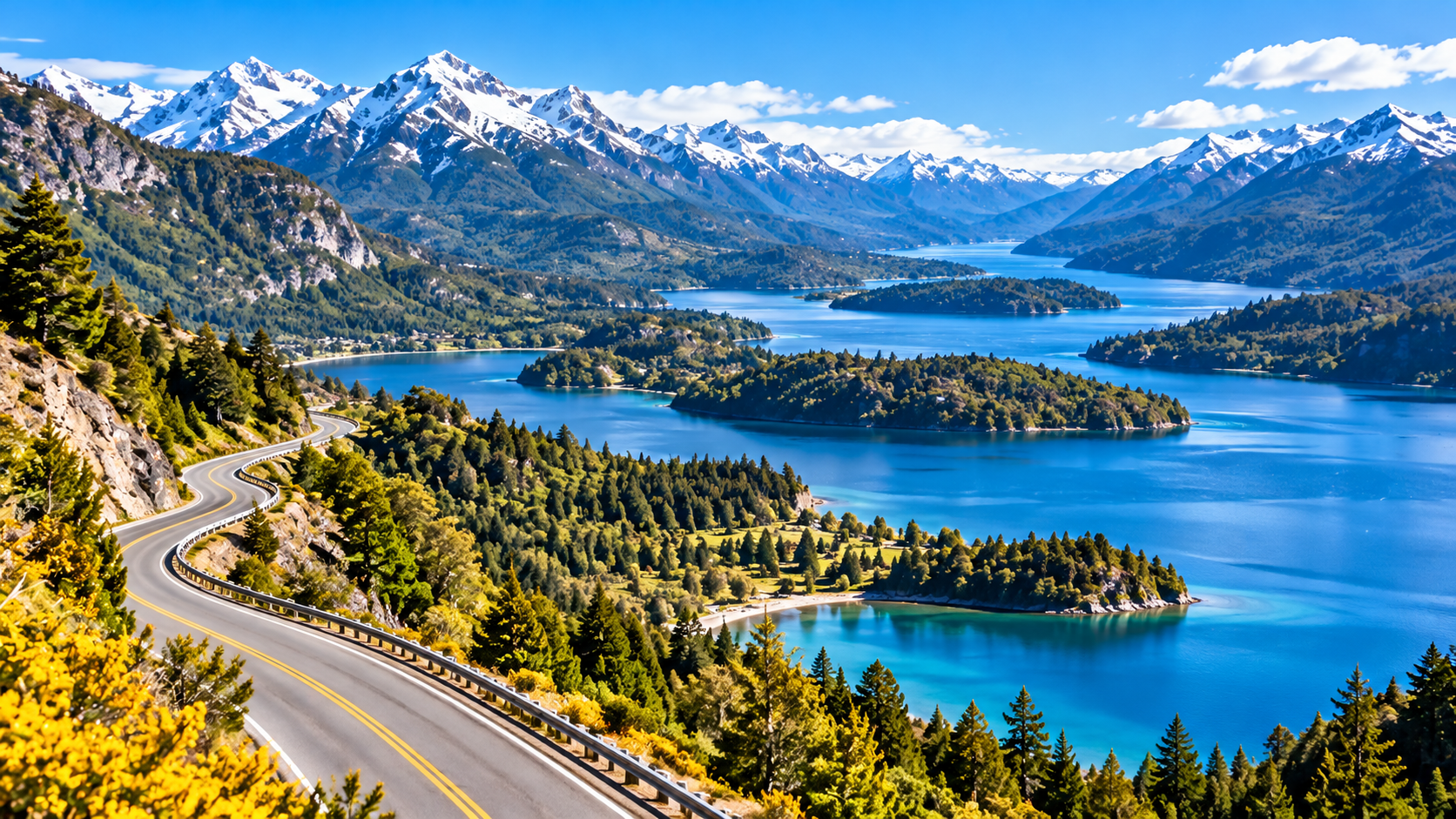 Vista panorâmica da Rota dos 7 Lagos, na Patagônia Argentina, com lagos cristalinos, montanhas dos Andes, florestas e estrada sinuosa entre Bariloche e San Martín de los Andes.