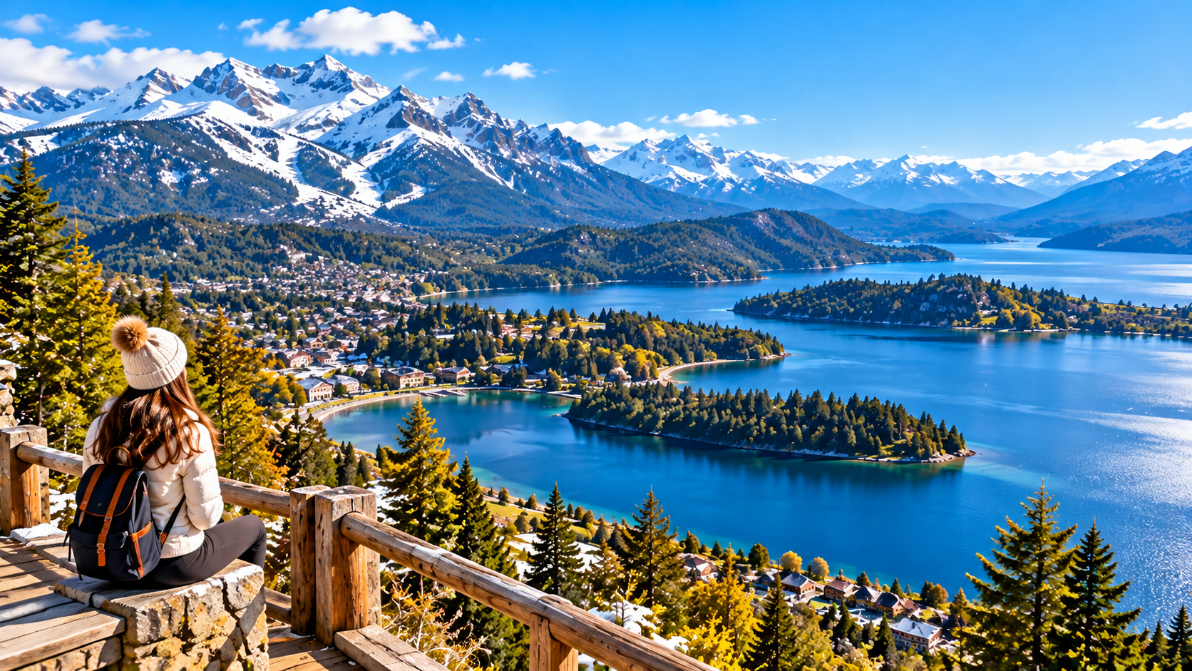 Vista panorâmica de Bariloche, na Patagônia Argentina, com montanhas nevadas do Cerro Catedral, Lago Nahuel Huapi, Circuito Chico e paisagens da Rota dos 7 Lagos, representando um roteiro turístico de 4 dias.