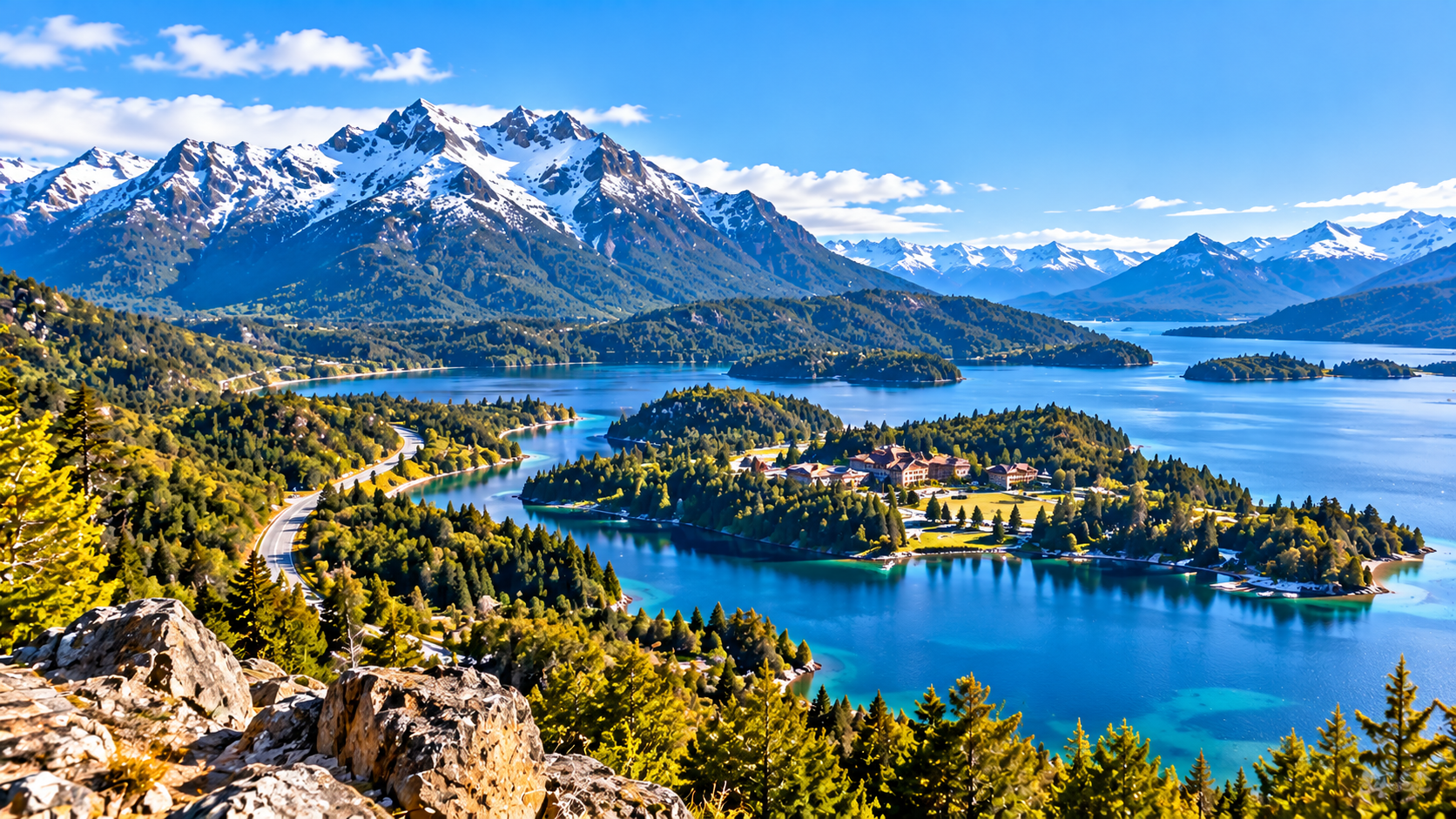 Vista panorâmica do Circuito Chico em Bariloche, com Lago Moreno, Cerro Campanario, montanhas dos Andes, florestas e paisagens naturais da Patagônia Argentina.