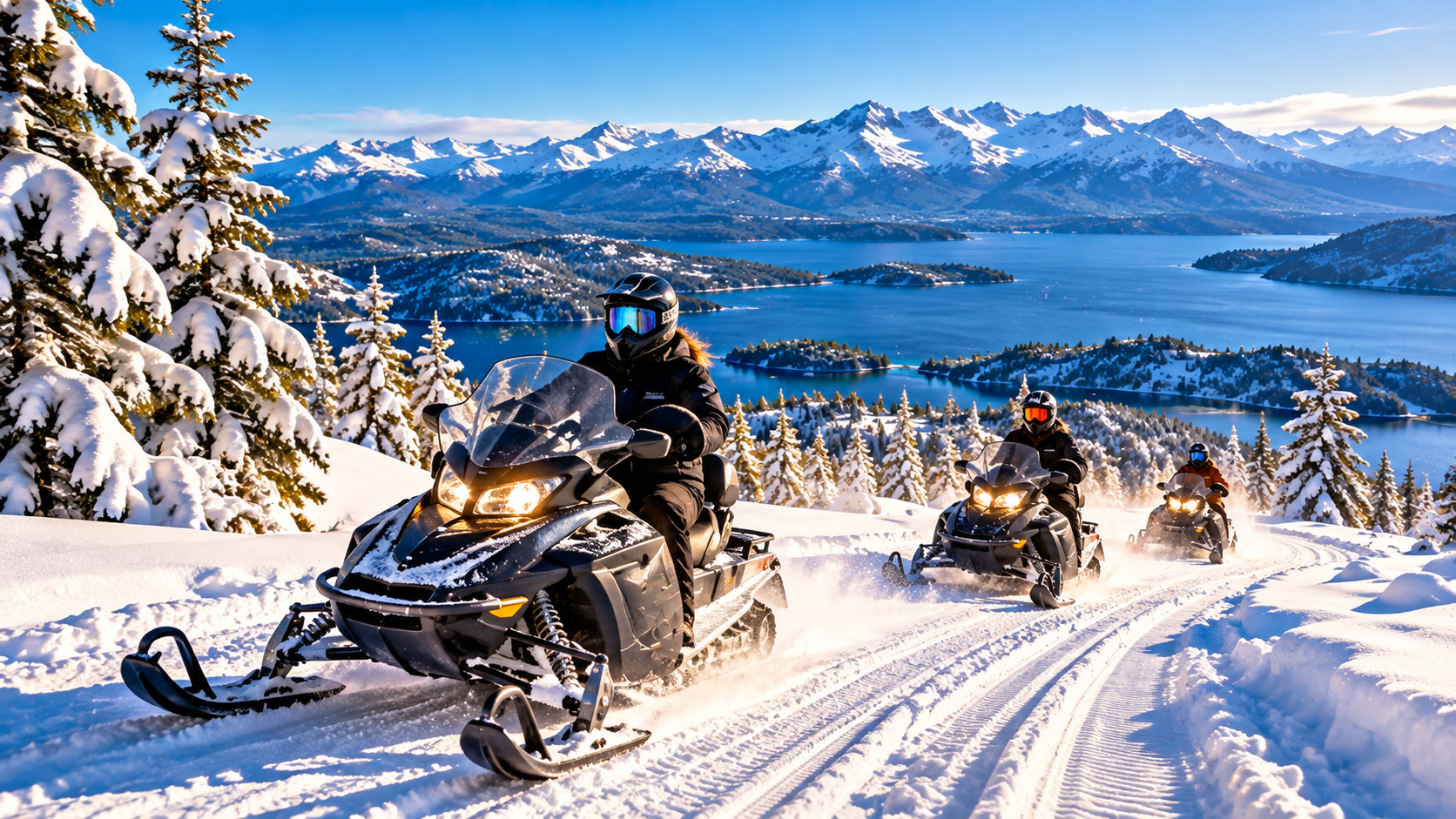 Passeio de moto de neve em Bariloche, na Patagônia Argentina, com turistas pilotando motos de neve por florestas cobertas de neve, montanhas nevadas e paisagens do Cerro Catedral ao fundo.
