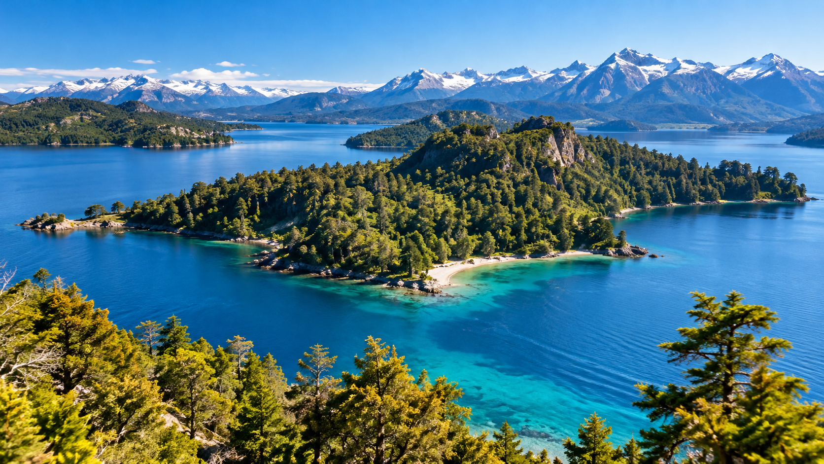 Vista panorâmica da Ilha Victoria em Bariloche, com águas cristalinas do Lago Nahuel Huapi, florestas nativas e montanhas da Patagônia Argentina.