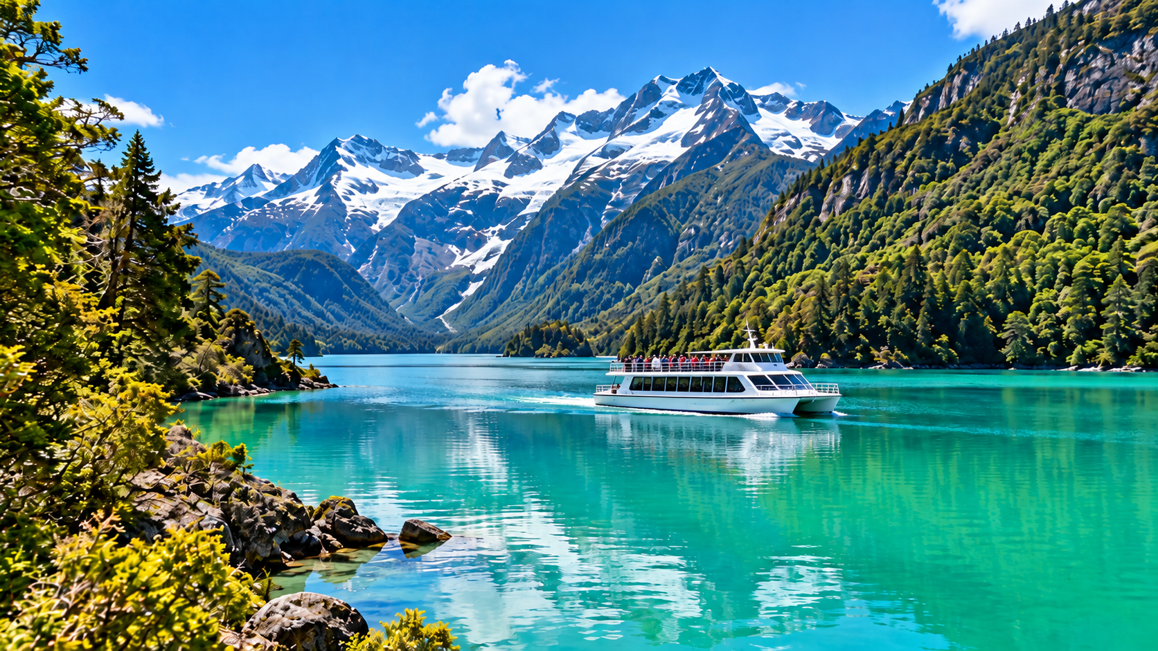Vista panorâmica do Lago Frías em Bariloche, com águas verde-esmeralda de origem glacial, florestas exuberantes e montanhas da Cordilheira dos Andes, na Patagônia Argentina.
