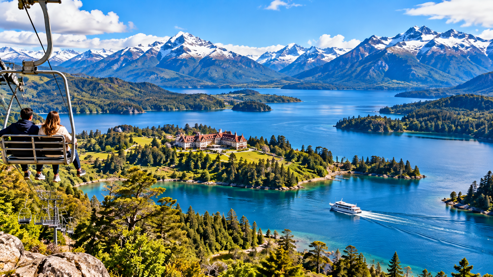 Vista panorâmica do Circuito Chico em Bariloche, com o Lago Moreno, montanhas da Cordilheira dos Andes, florestas da Patagônia e paisagens próximas ao Cerro Campanario, na Argentina.