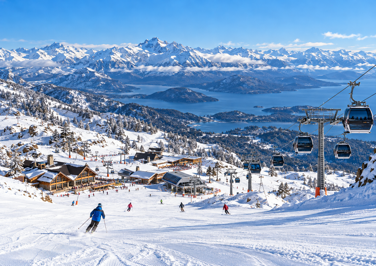 Vista panorâmica do Cerro Catedral em Bariloche, com montanhas cobertas de neve, pistas de esqui e snowboard, telecadeiras e paisagens da Cordilheira dos Andes, na Patagônia Argentina.
