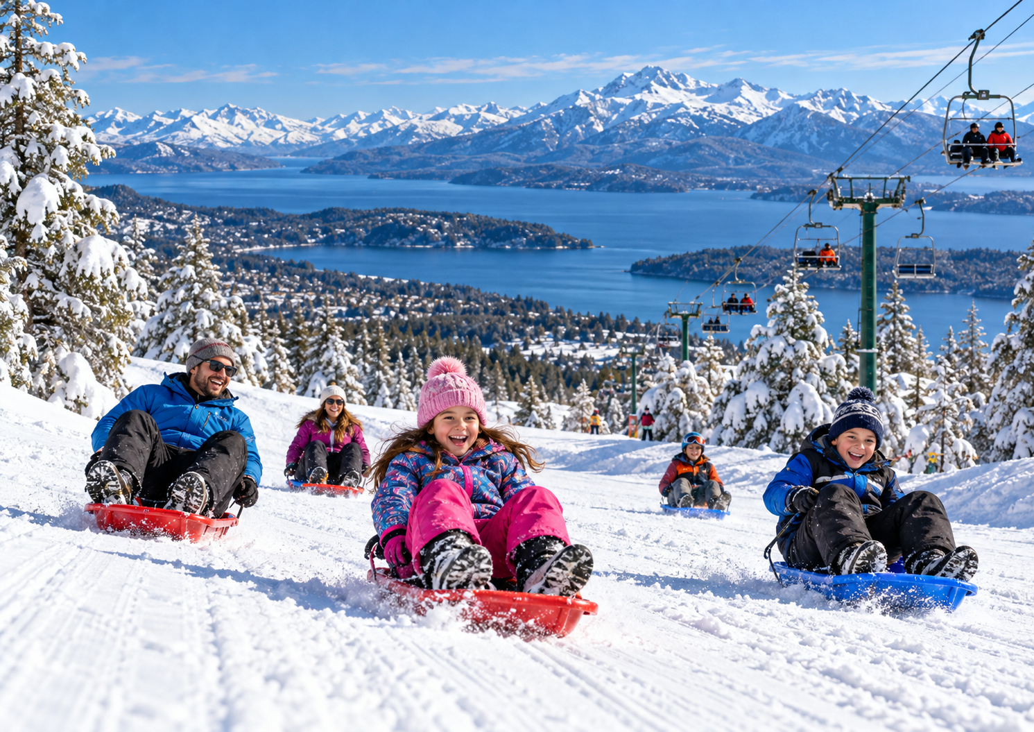 Vista panorâmica do Parque Piedras Blancas em Bariloche, com turistas descendo pistas de neve em trenós (esquibunda), telecadeiras e montanhas nevadas do Cerro Otto, na Patagônia Argentina.